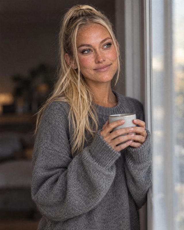 Nina Vellin by a window (AI-generated image)